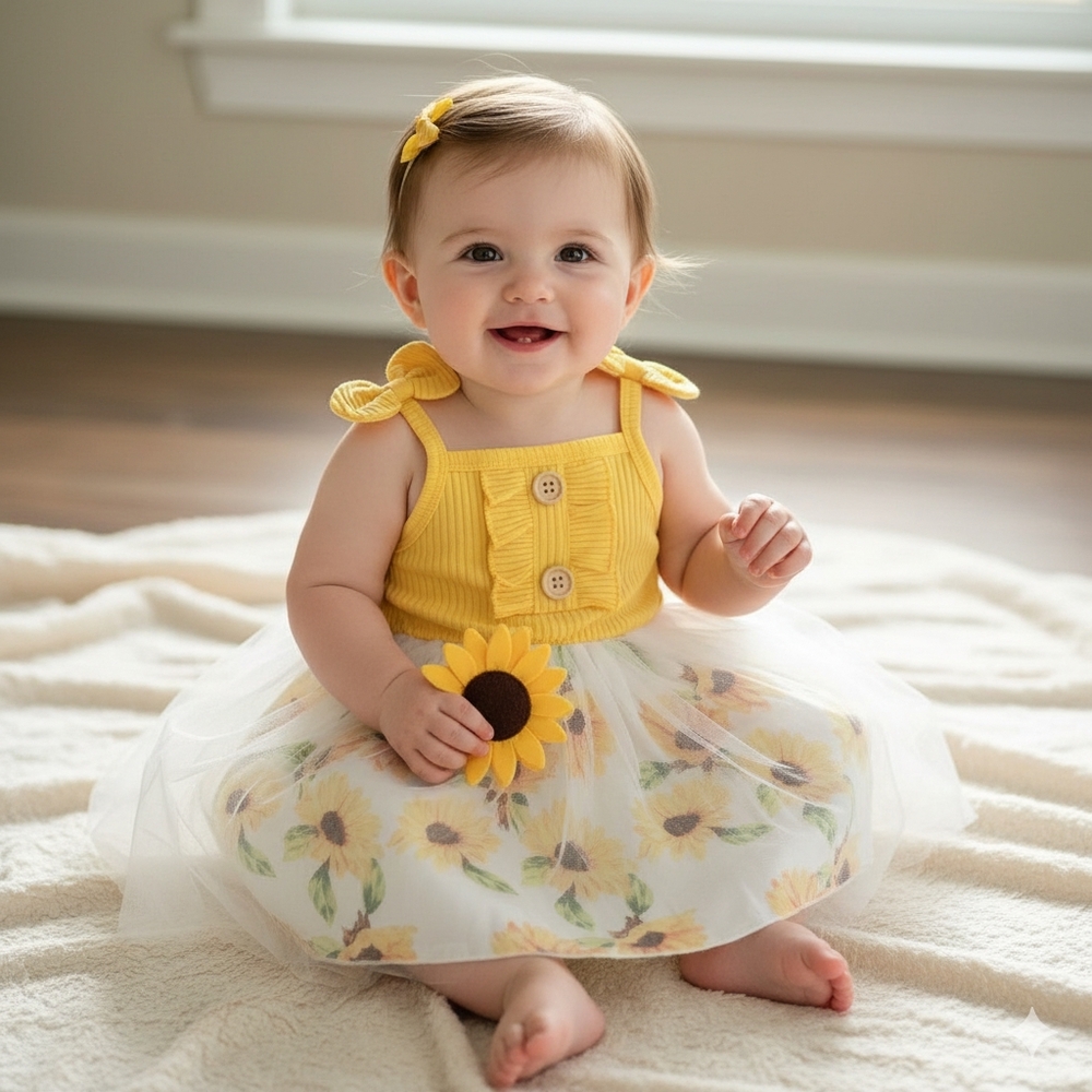 Baby Girl Yellow Floral Tulle Dress Ribbed Knit Sun Dress Ruffle Bodice 12-18M